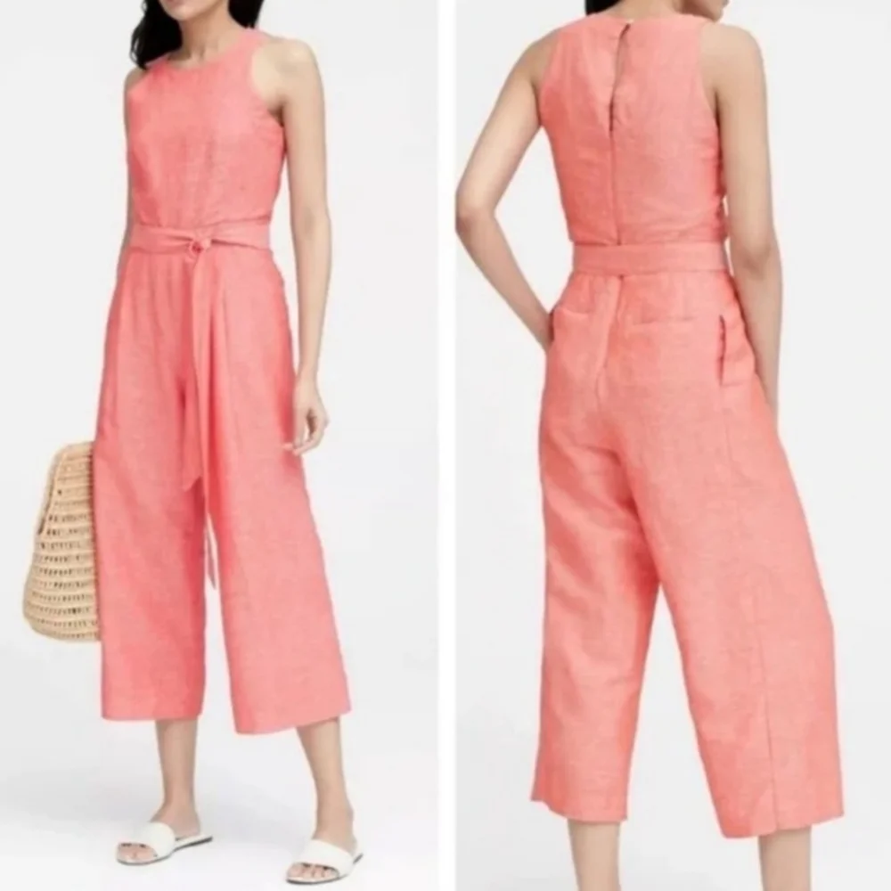Banana Republic Linen Blend Sleeveless Cropped Wide Leg Jumpsuit Size 0
